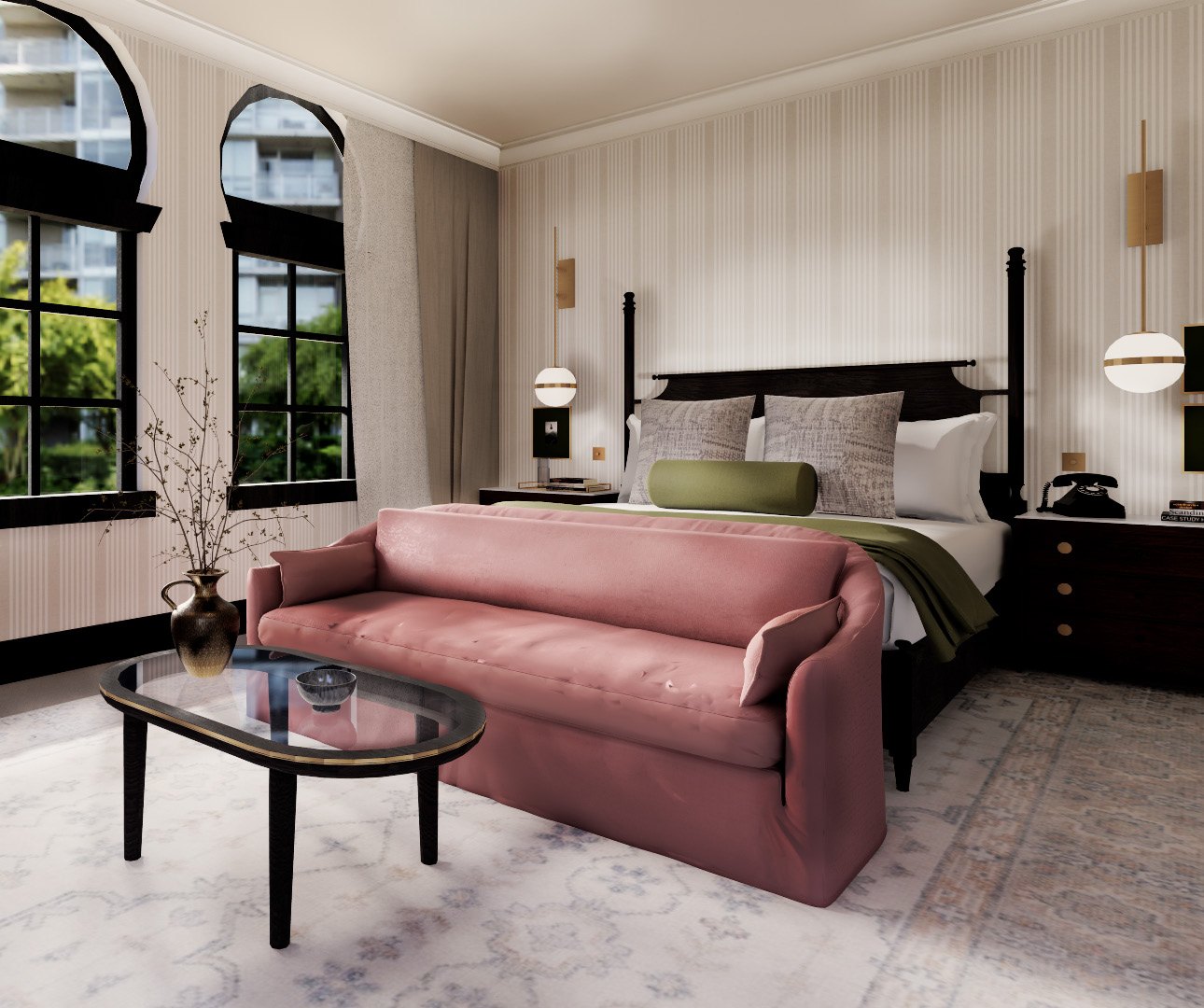 Designed bedroom interior with arched windows